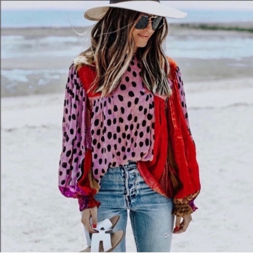 Anthropologie Pink and Red Polka Dot Blouse - Picture 2 of 4